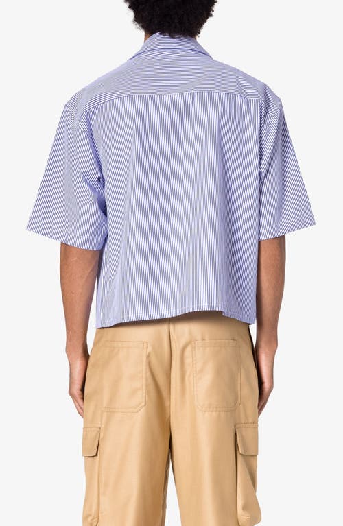 Mnml Oversize Crop Stripe Short Sleeve Button-up Shirt In Blue