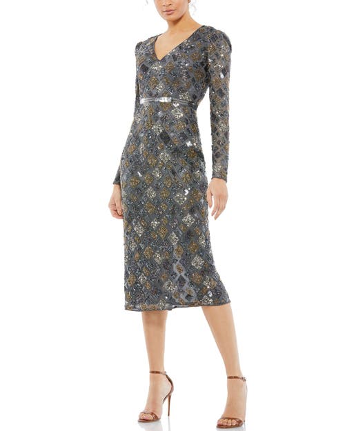 Mac Duggal Long Sleeve Geometric Sequin Midi Dress In Charcoal