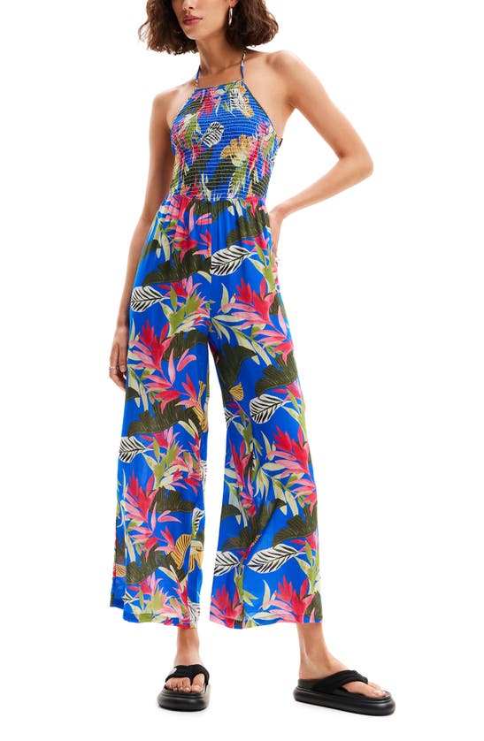 Shop Desigual Tropical Halter Neck Jumpsuit In Blue