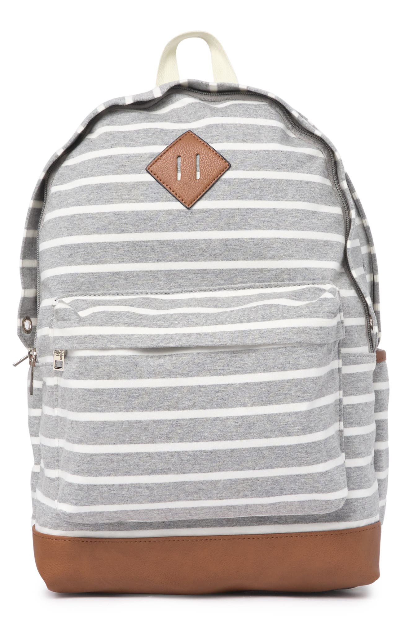 grey and white striped backpack