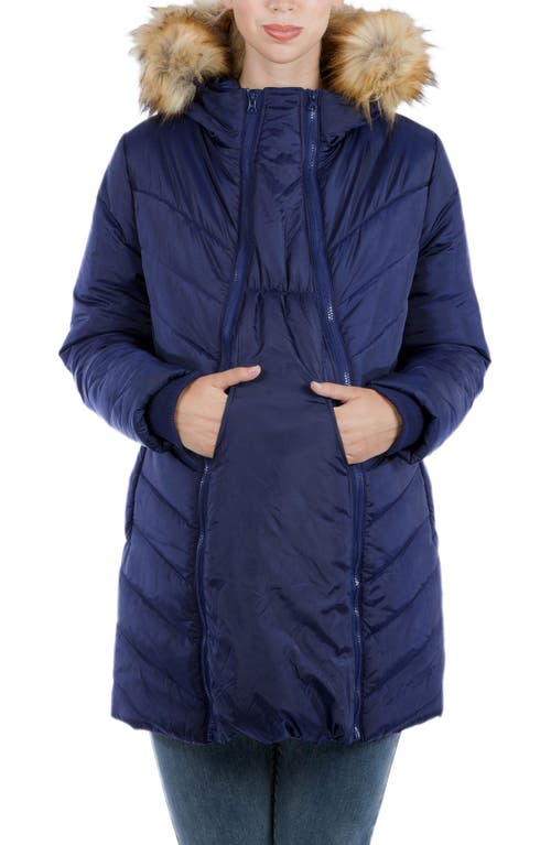 Faux Fur Trim Convertible Puffer 3-in-1 Maternity Jacket in Navy