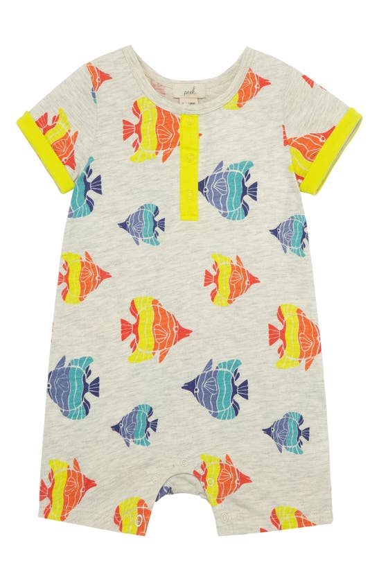 Peek Aren't You Curious Babies' Fish Print Cotton Henley Romper In Grey Heather