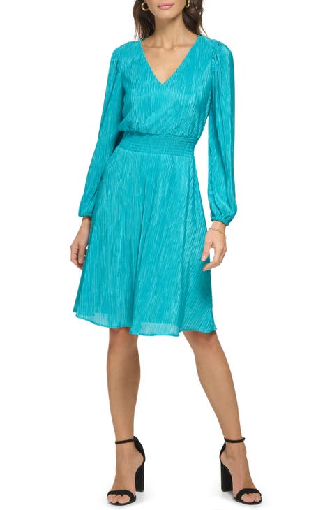 Pleated V-Neck Long Sleeve A-Line Dress