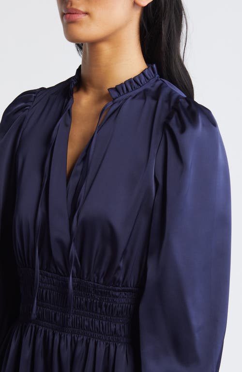 Shop Eliza J Ruffle Trim Long Sleeve Satin Dress In Navy