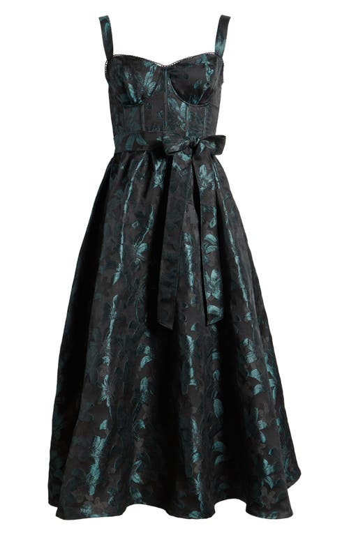 Shop Lulus Floral Jacquard Bustier Sleeveless Midi Dress In Black/shimmer Emerald