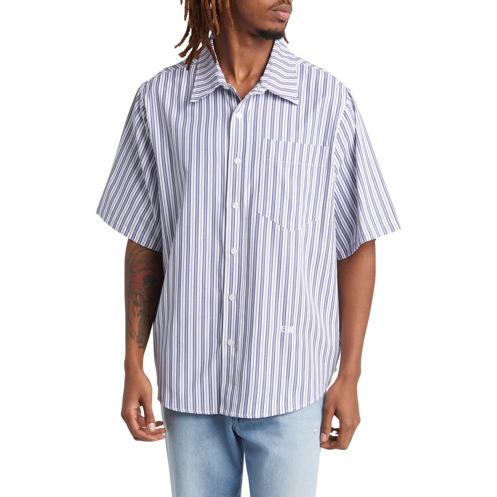 Checks Stripe Boxy Fit Short Sleeve Button-up Shirt In White/blue