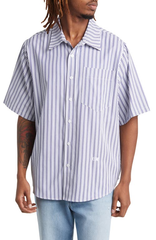 Stripe Boxy Fit Short Sleeve Button-Up Shirt in White/Blue