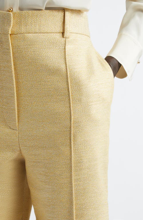 St John High-rise Slim-leg Ankle Zip-hem Metallic Twill Pants In Silver/sunflower Multi