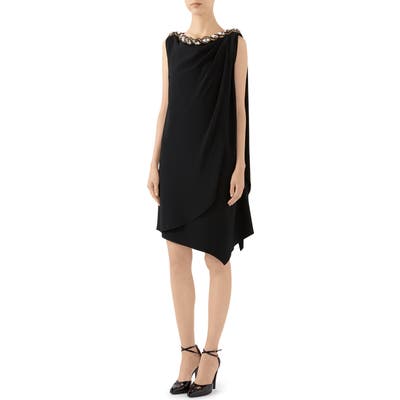 Gucci Crystal Embellished Draped Jersey Shift Dress, Black