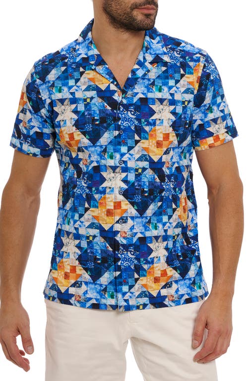 Robert Graham Sashiko Geometric Print Stretch Cotton Camp Shirt Blue Multi at Nordstrom,