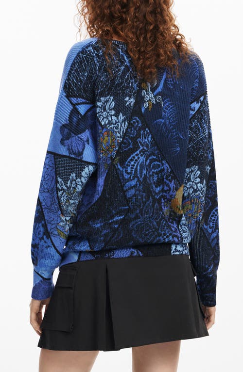 Shop Desigual Ocean Floral Print V-neck Sweater In Blue