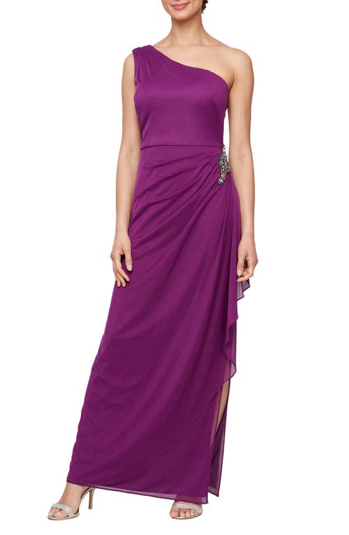 Embellished One-Shoulder Gown in Dark Berry