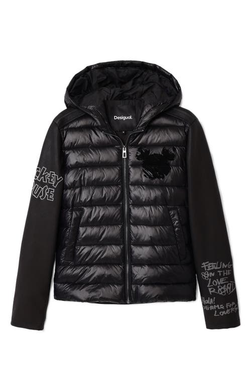 Desigual Mickey Mouse Mixed Media Puffer Coat In Black