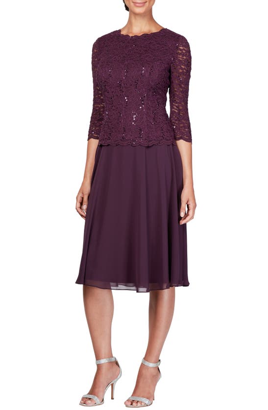 Alex Evenings T-length Lace And Chiffon Mock Two Piece Dress In Deep Plum