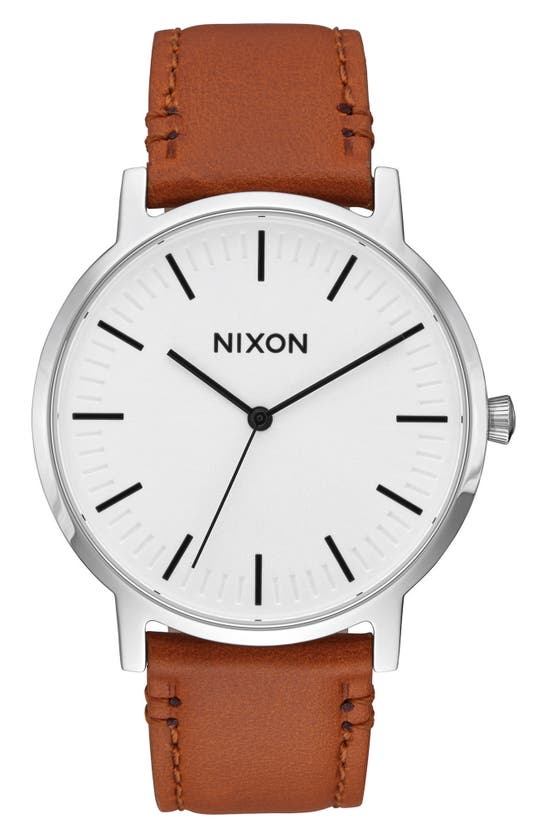 Nixon Porter Round Leather Strap Watch, 40mm In Saddle/ White/ Silver