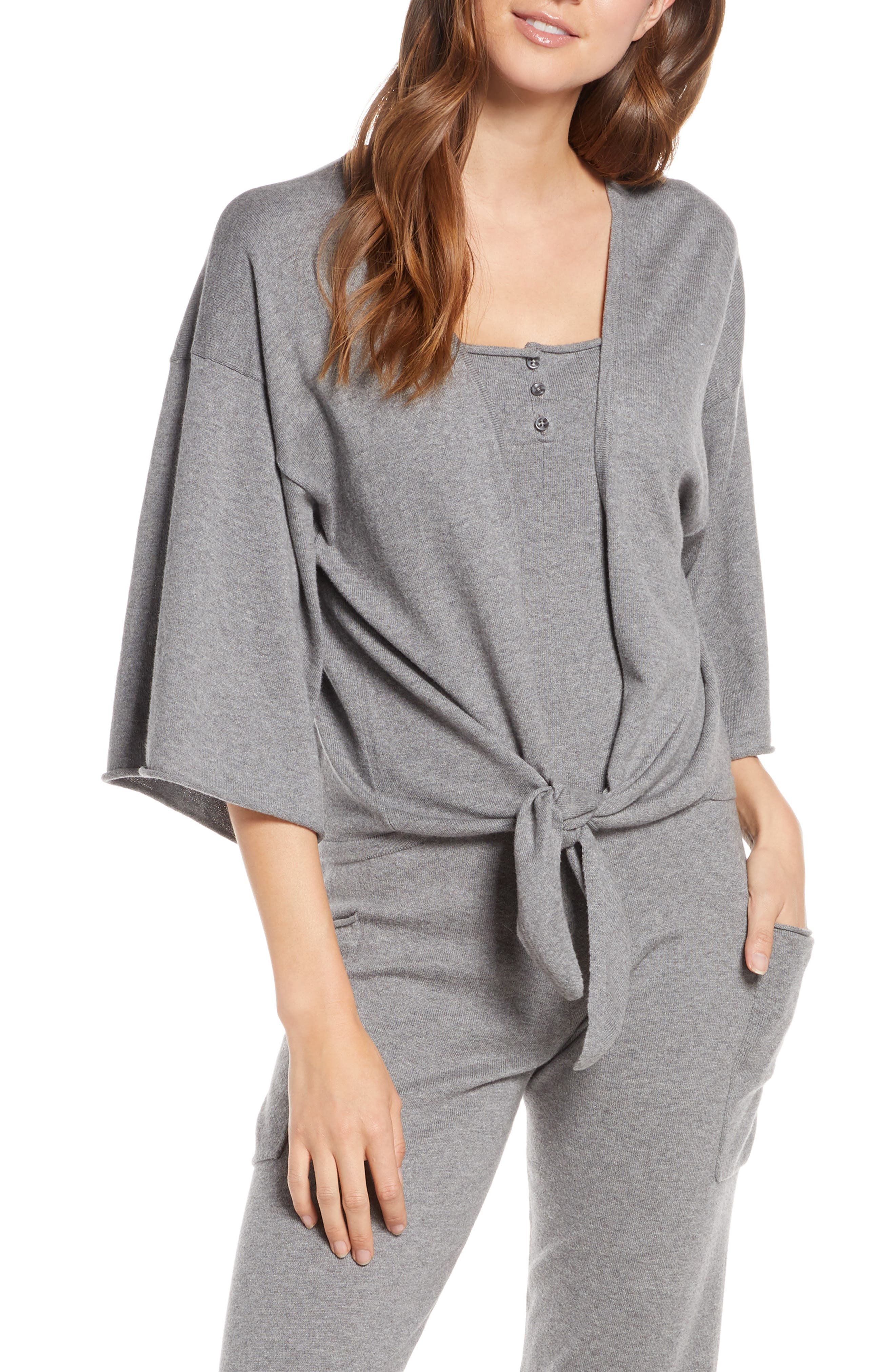 Something Navy Tie Front Wrap Sweater, Grey (Nordstrom Exclusive)
