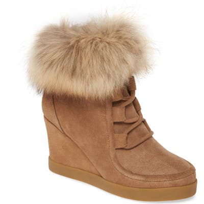 Cecelia New York Holly Wedge Bootie With Genuine Fox Fur Trim- Brown