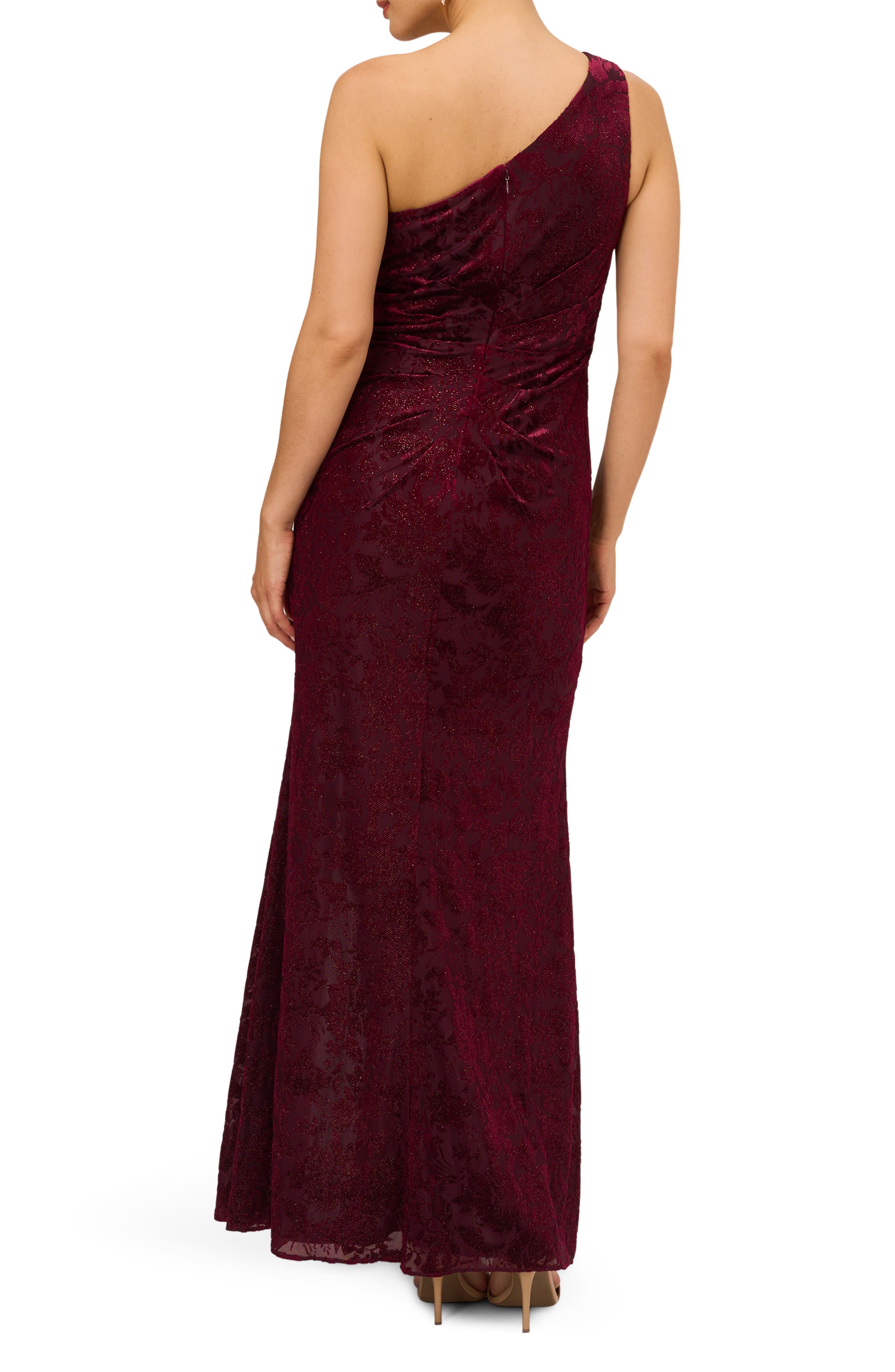 adrianna papell burgundy dress Sleeveless Floral Jacquard High Low Gown In Burgundy Multi