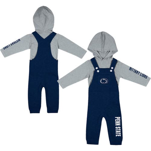 Newborn & Infant Colosseum Heathered Navy/Heathered Gray Penn State Nittany Lions Chim-Chim Long Sleeve Hoodie T-Shirt & Overall Set in Heather Navy