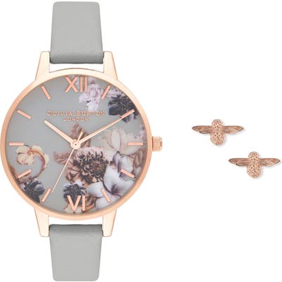 Olivia Burton Marble Floral Leather Strap Watch Set, (Nordstrom Exclusive)
