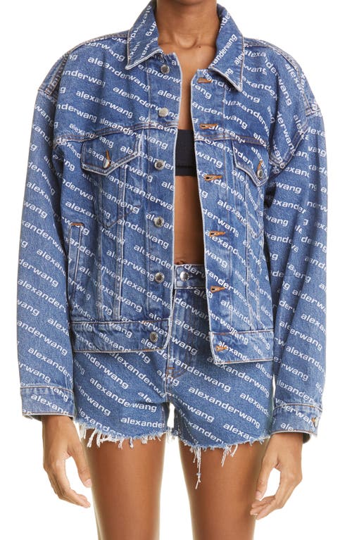 Alexander Wang Logo Print Denim Trucker Jacket Deep Blue/White at Nordstrom,