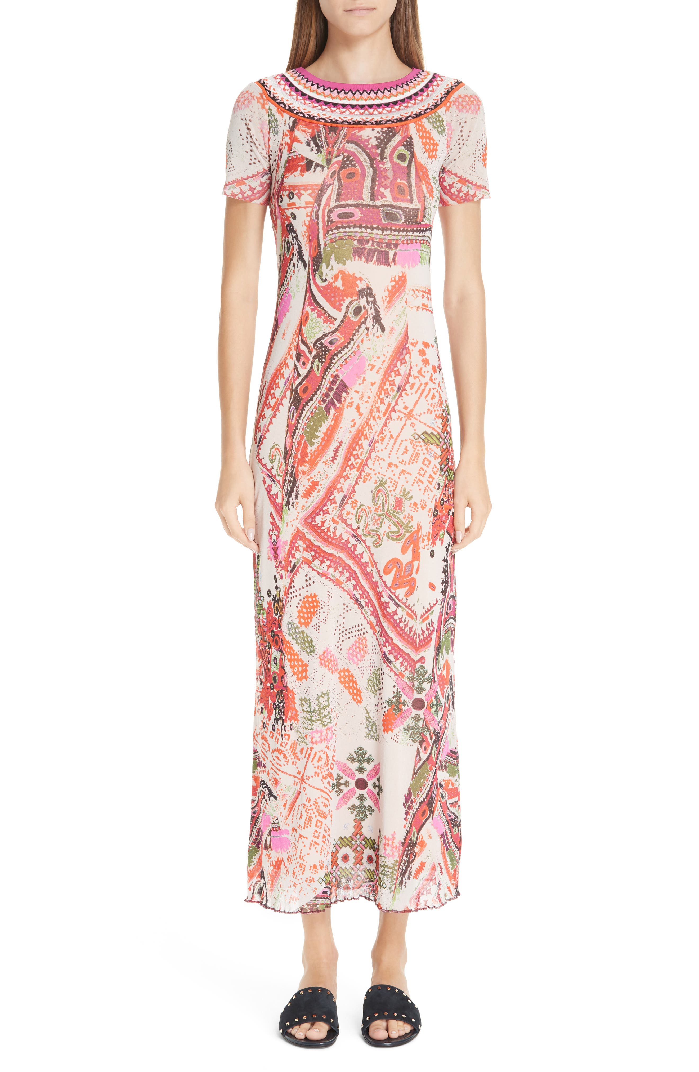 Fuzzi Knit Trim Print Tulle Maxi Dress, White