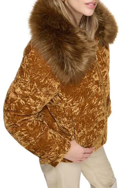 Andrew Marc Charleroi Faux Fur Collar Down & Feather Fill Velvet Puffer Jacket In Rust