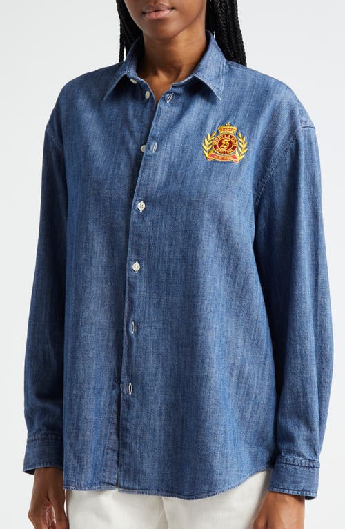 Shop Sporty And Rich Sporty & Rich Crest Denim Button-up Shirt In Blue Denim