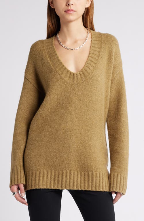 Open Edit Oversize V-neck Sweater In Olive Brine