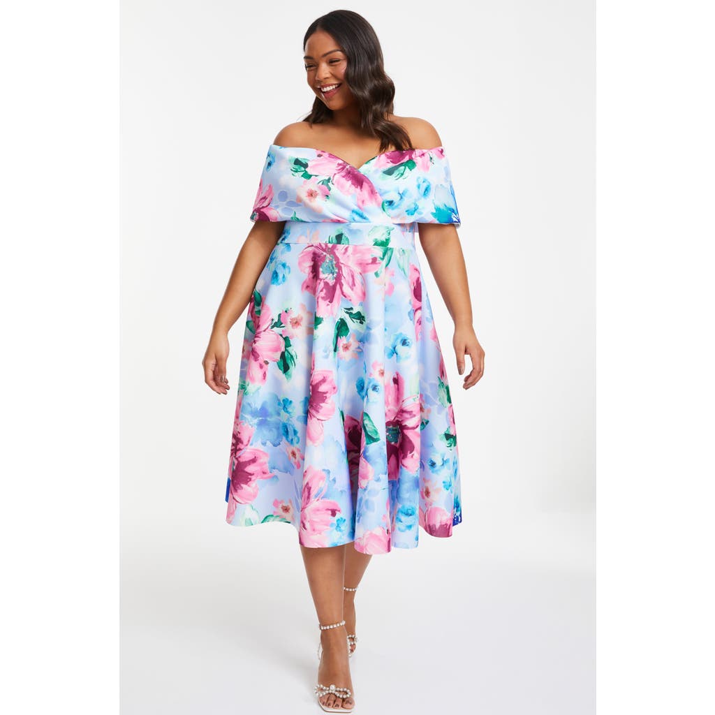Quiz Plus Size Scuba Floral Bardot Skater Midi Dress In Blue