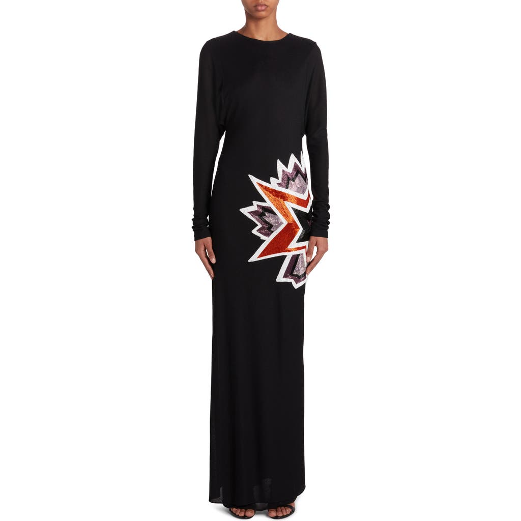 Tom Ford Kapow Beaded Detail Long Sleeve Crepe Gown In Black/multicolor