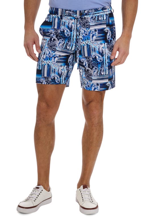Makua Paisley Stripe Stretch Flat Front Shorts in Blue
