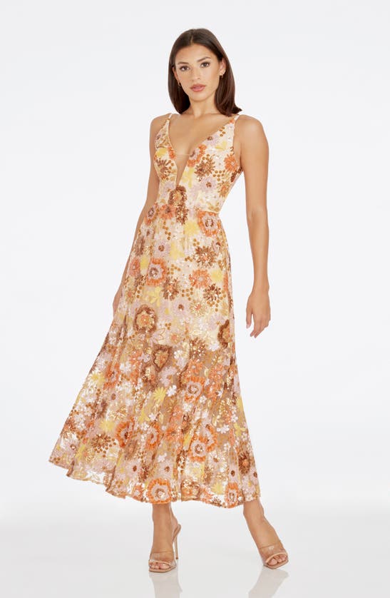 Shop Dress The Population Sierra Floral Sequin Midi Cocktail Dress In Amber Multi