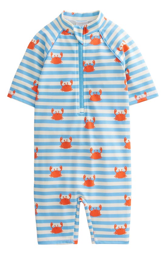 Mini Boden Babies' Stripe Short Sleeve One-piece Rashguard Swimsuit In Blue Crab Stripe