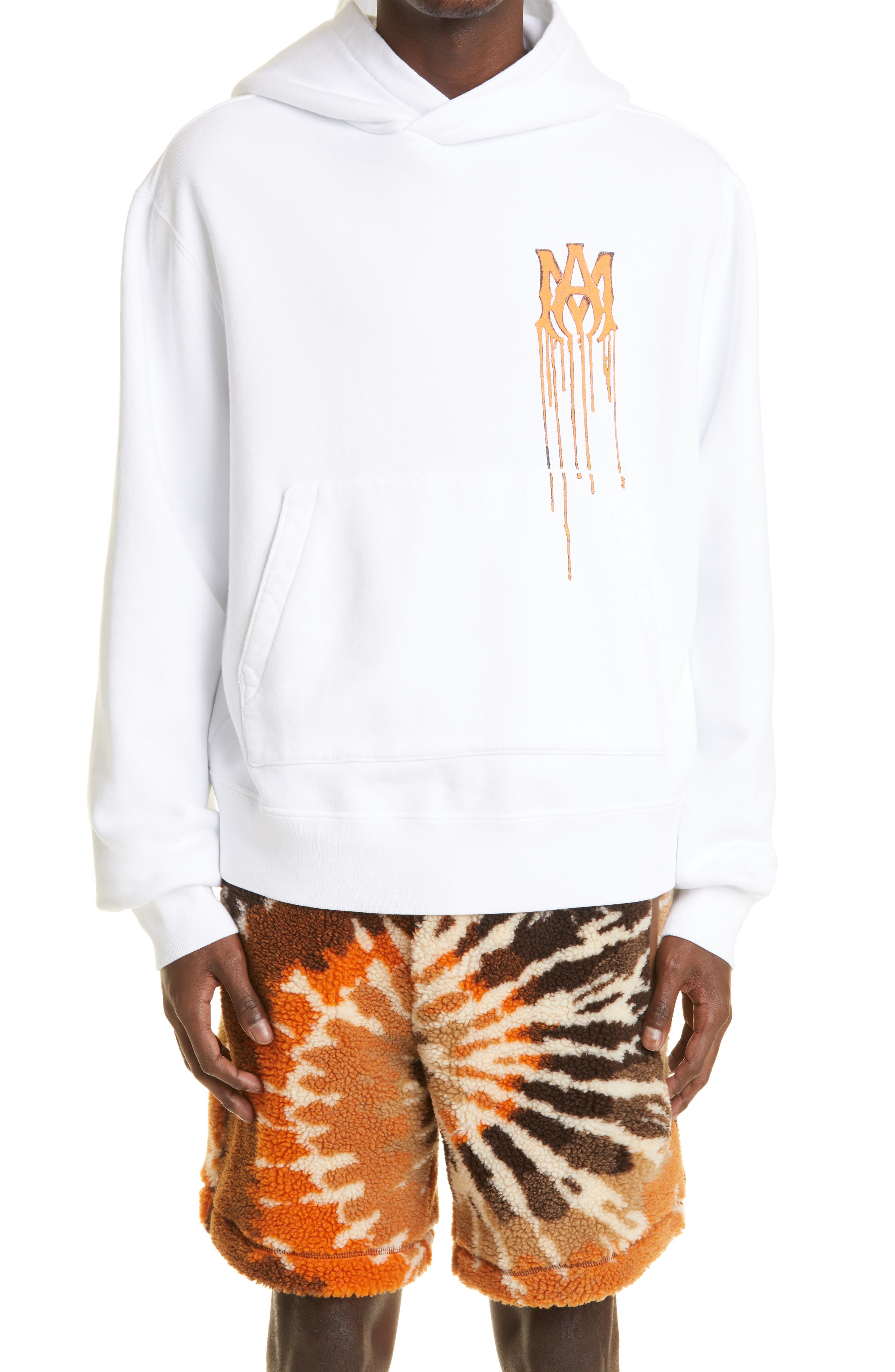 AMIRI Paint Drip M.A. Pullover Hoodie in White /Orange at Nordstrom, Size Large
