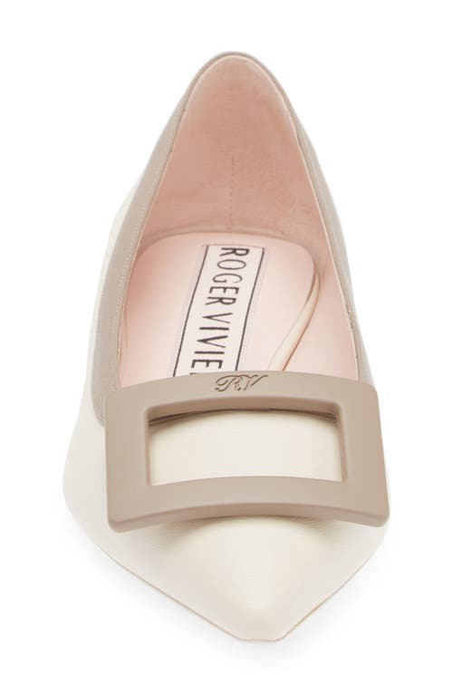 Shop Roger Vivier Gommettine Buckle Pointed Toe Flat In Ivory/brown