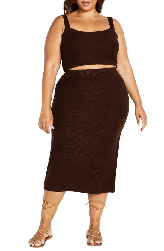 City Chic Knit Crop Tank Top & Midi Skirt In Bitter Chocolate