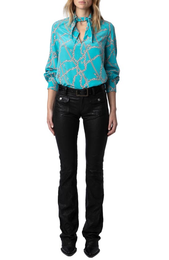 Shop Zadig & Voltaire Tuile Chain Print Balloon Sleeve Silk Top In Aqua