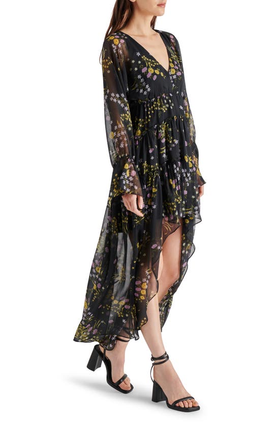 Shop Steve Madden Sol Floral Print Long Sleeve High-low Dress In Black