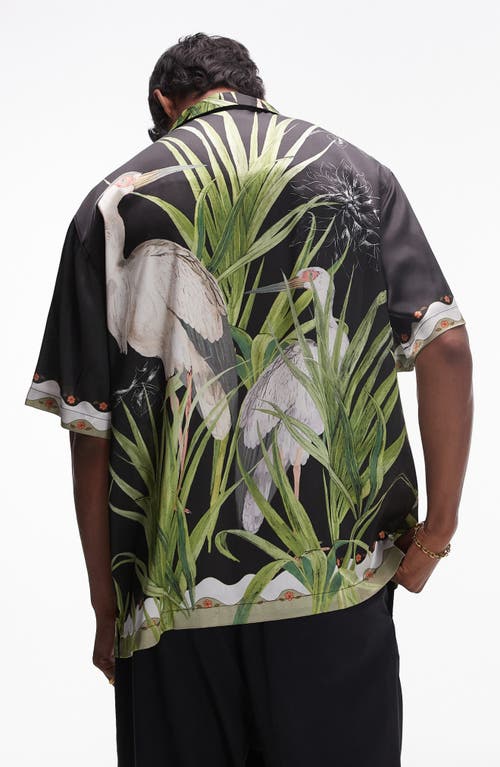 TOPMAN TOPMAN CRANE PRINT SATIN CAMP SHIRT 