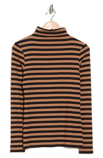 Shop Nordstrom Ribbed Pima Cotton Turtleneck In Tan- Black Melina Stripe