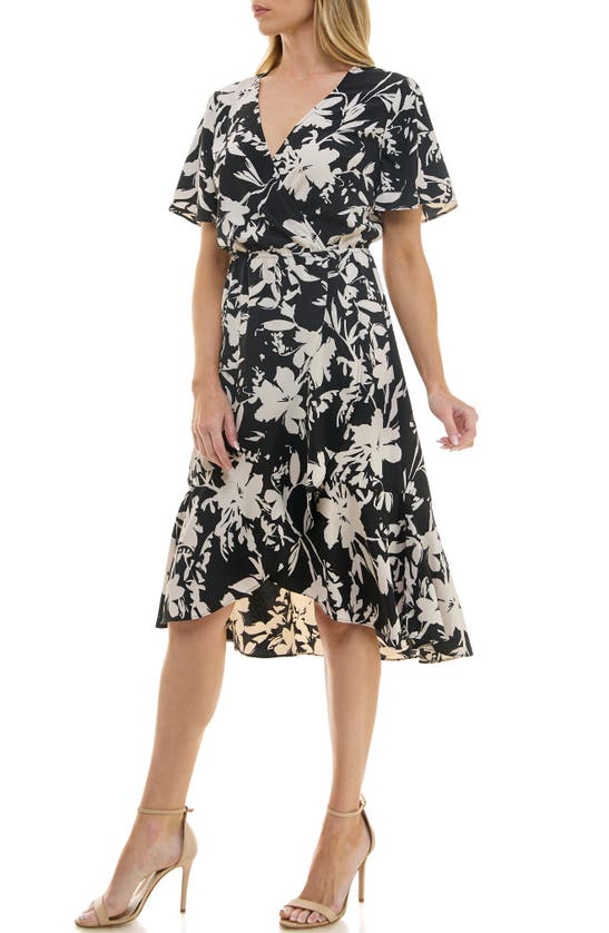 Shop Socialite Print Flutter Sleeve Dress In Black Floral