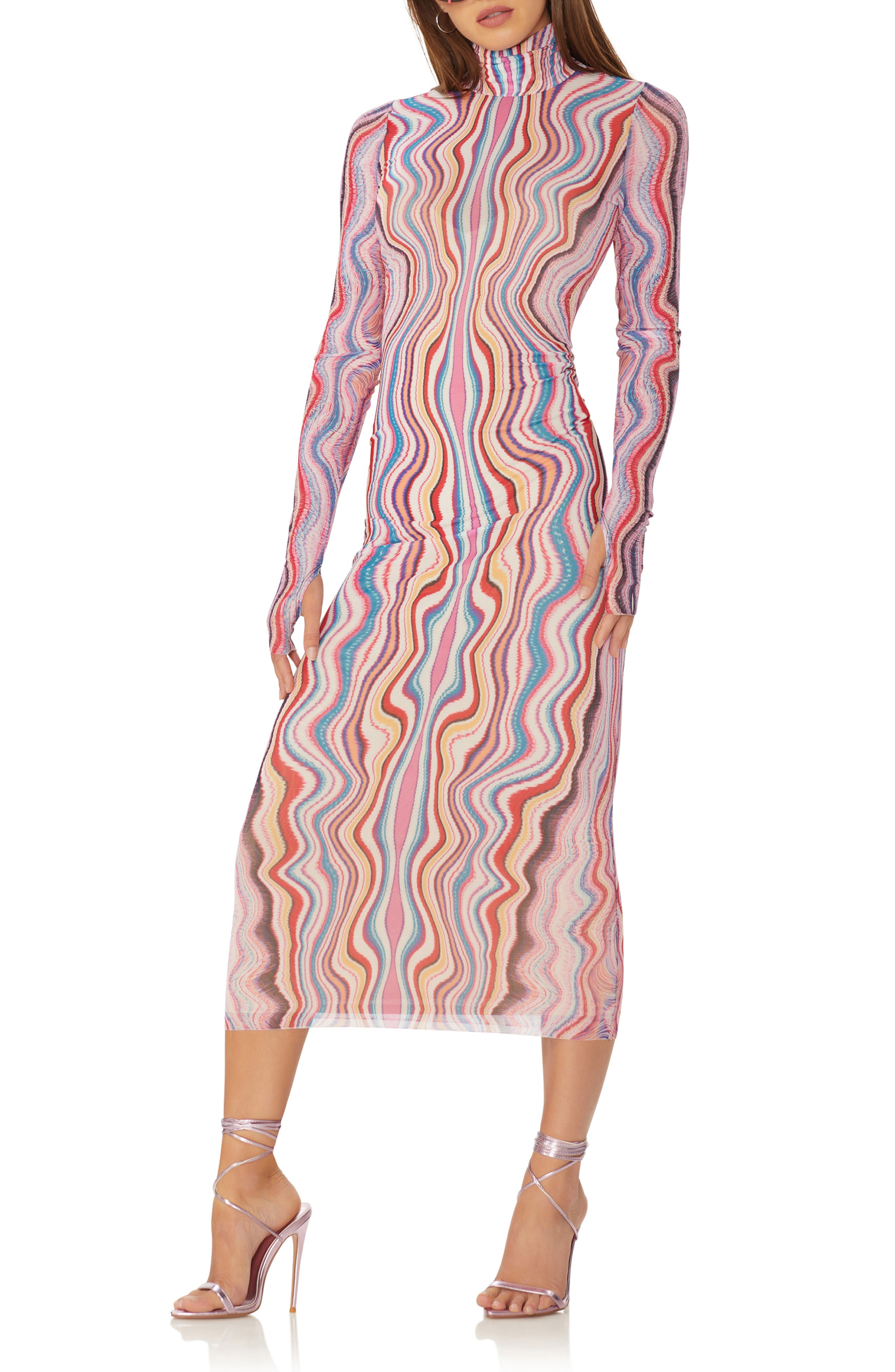 Afrm Shailene Mesh Long Sleeve Midi Dress in Multi Wave