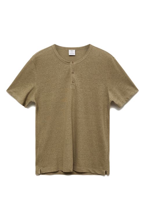 Shop Mango Slim Fit Linen Blend Henley In Khaki Green