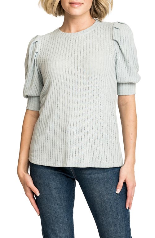 Pointelle Puff Sleeve Knit Top in Chambray