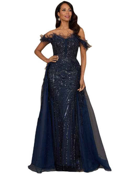 Shop Lara New York Off Shoulder Gown With Feathers In Navy