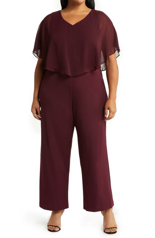 Connected Apparel Chiffon Cape Jumpsuit in Burgundy