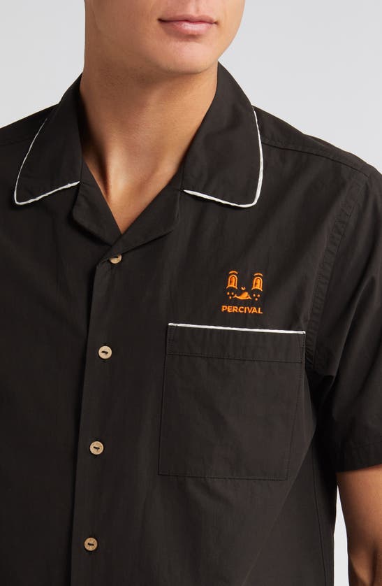 Shop Percival Percico Citrus Embroidered Short Sleeve Cotton Graphic Bowling Shirt In Black