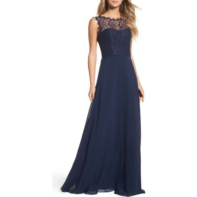 Hayley Paige Occasions Lace & Chiffon A-Line Gown, Blue