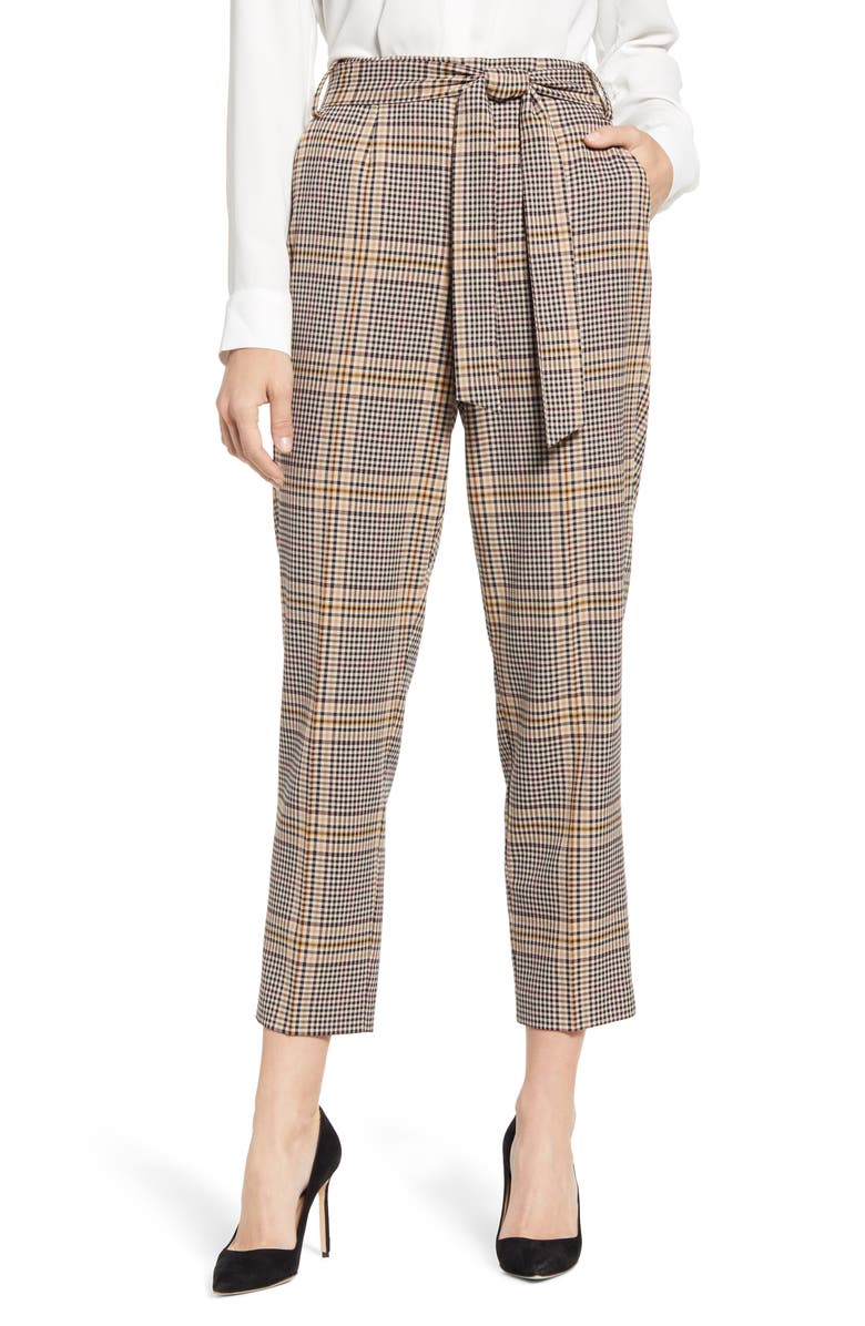 1.STATE Tie Waist Plaid Crop Pants, Main, color, HONEY POT